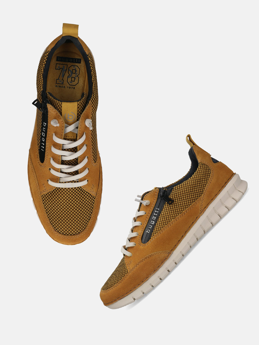 Men's Bugatti lifestyle yellow leather shoes with a round toe , a eva outsole , and laces fastening.