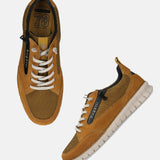 Men's Bugatti lifestyle yellow leather shoes with a round toe , a eva outsole , and laces fastening.