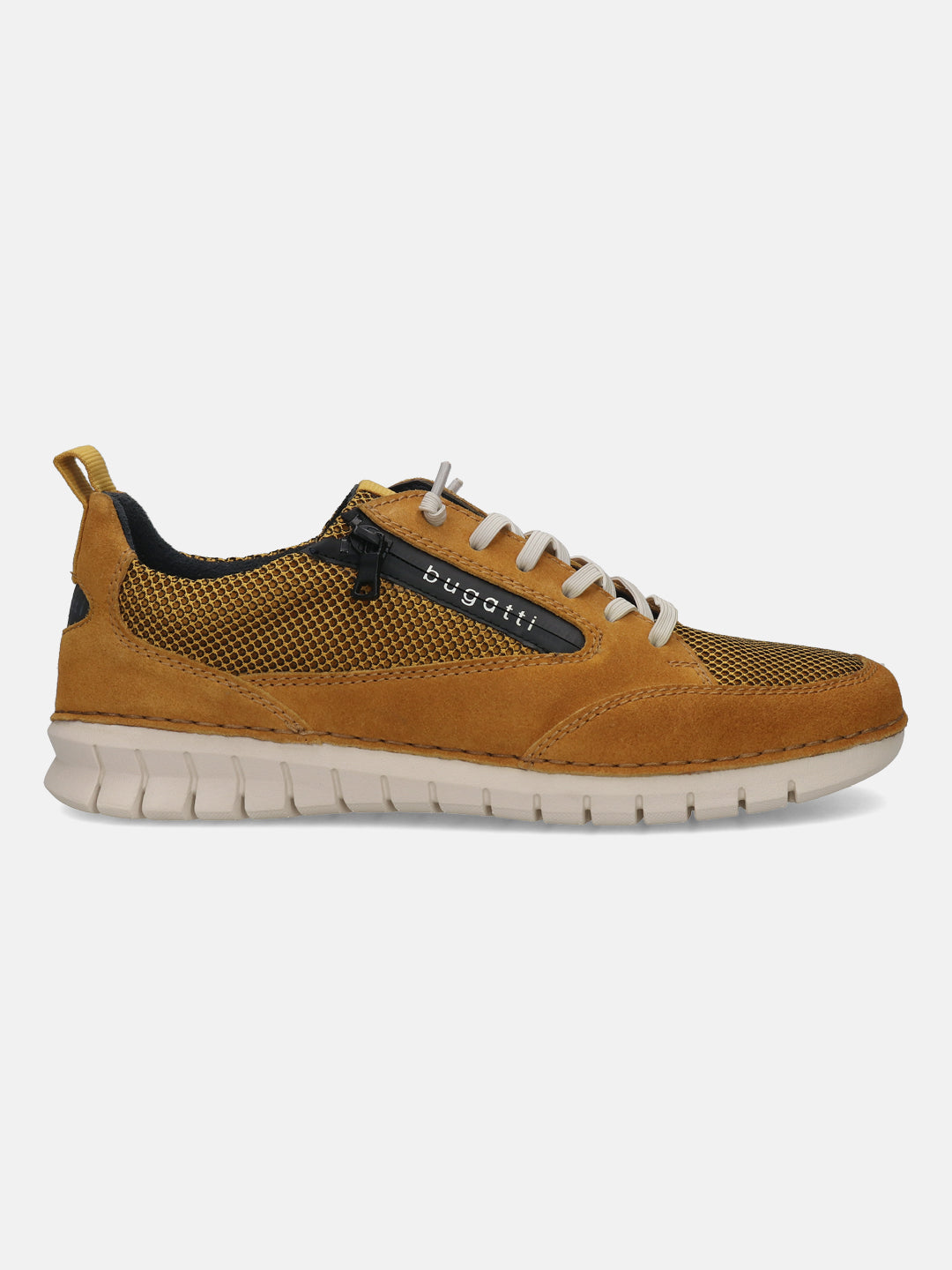 Men's Bugatti lifestyle yellow leather shoes with a round toe , a eva outsole , and laces fastening.