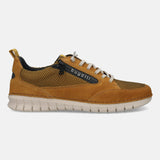 Men's Bugatti lifestyle yellow leather shoes with a round toe , a eva outsole , and laces fastening.