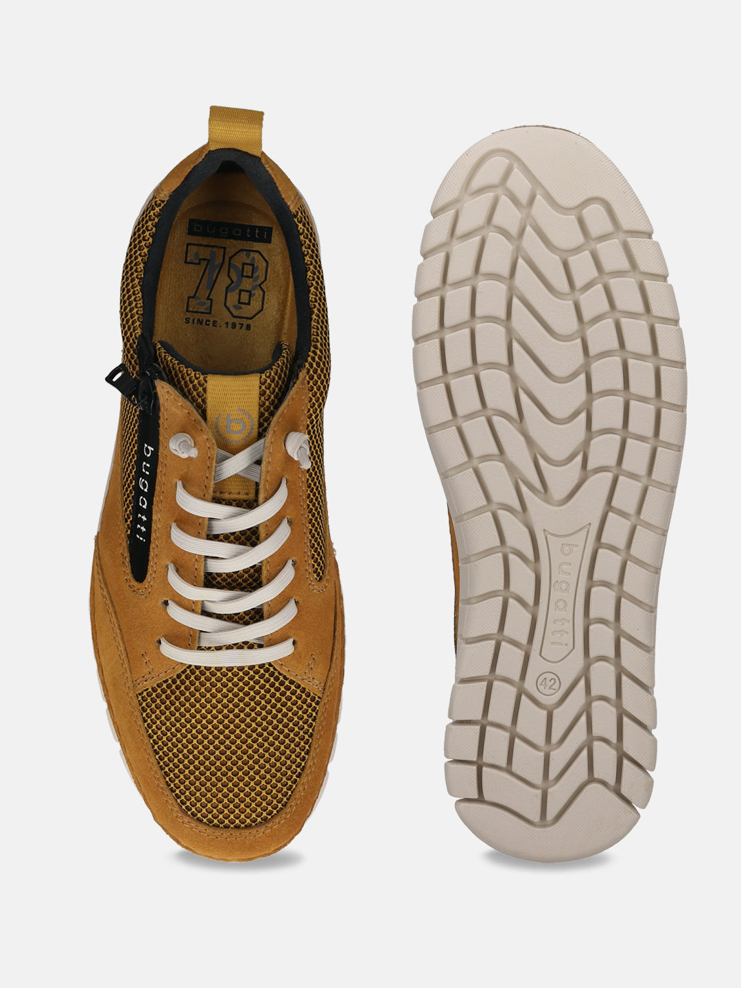 Men's Bugatti lifestyle yellow leather shoes with a round toe , a eva outsole , and laces fastening.