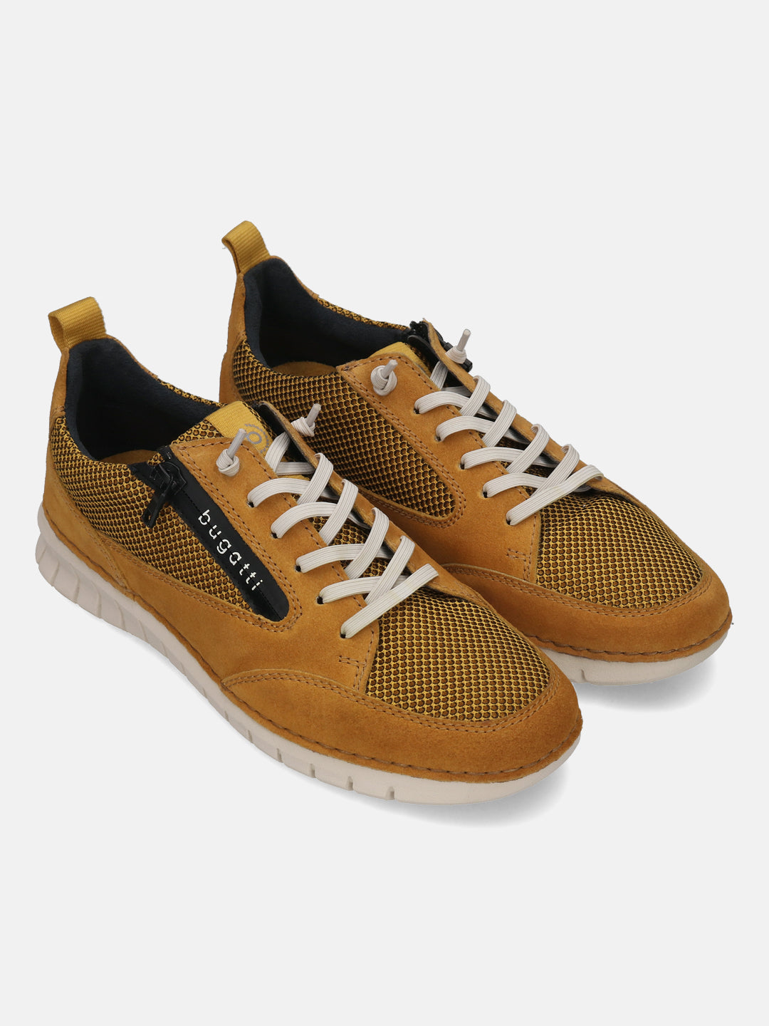 Men's Bugatti lifestyle yellow leather shoes with a round toe , a eva outsole , and laces fastening.