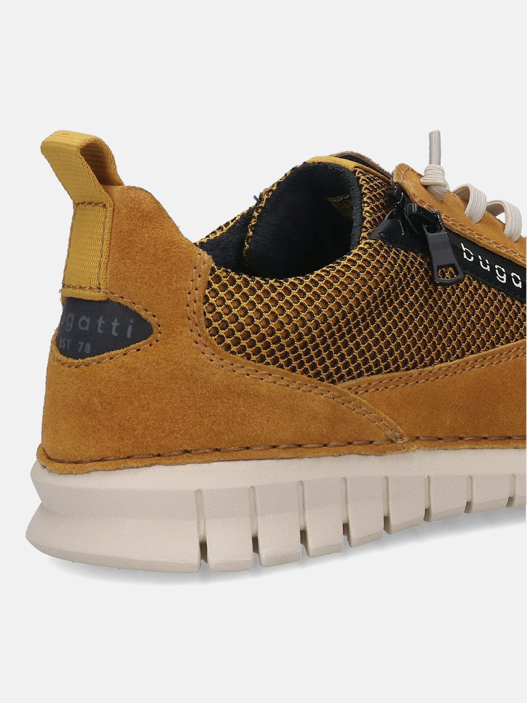 Men's Bugatti lifestyle yellow leather shoes with a round toe , a eva outsole , and laces fastening.
