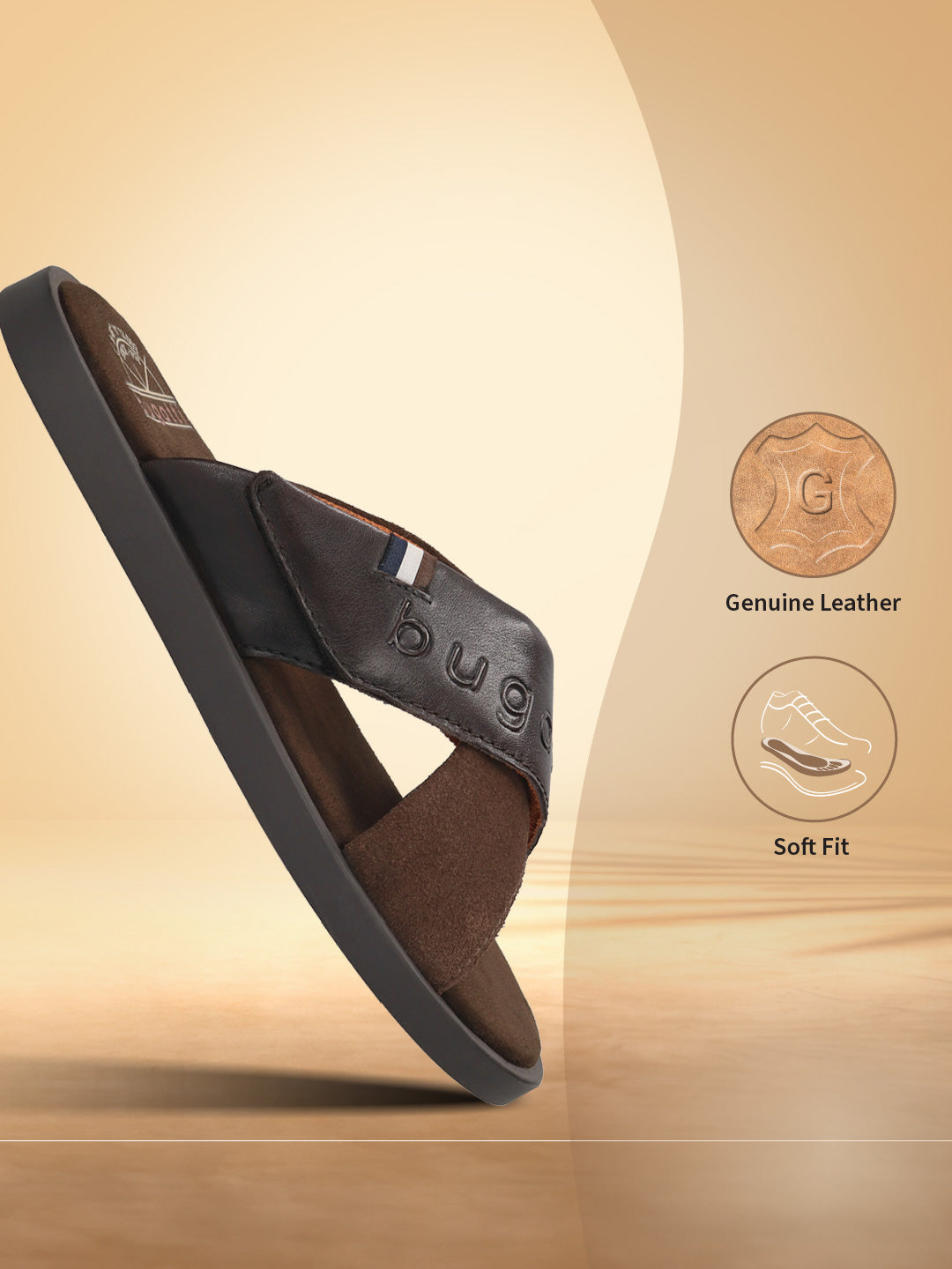 Men's Bugatti cross strap brown leather shoes with a round toe , a tpr outsole.