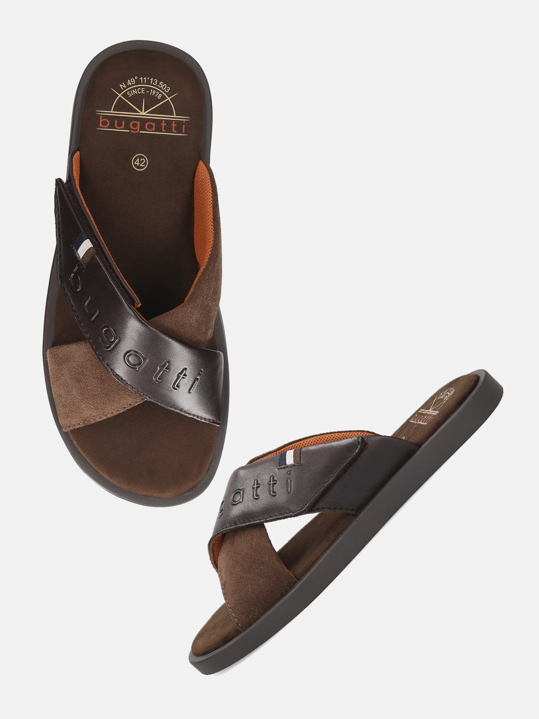 Men's Bugatti cross strap brown leather shoes with a round toe , a tpr outsole.