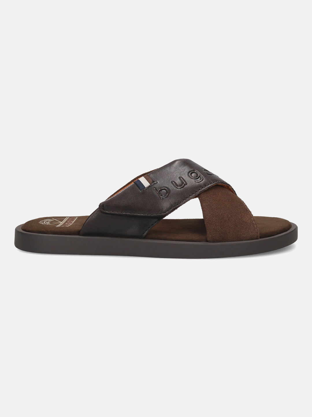 Men's Bugatti cross strap brown leather shoes with a round toe , a tpr outsole.