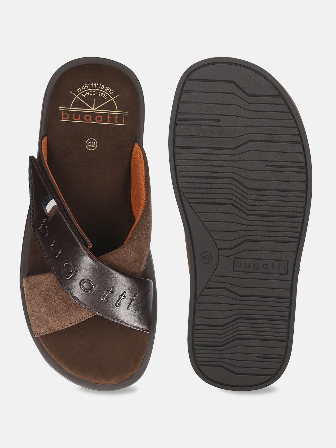Men's Bugatti cross strap brown leather shoes with a round toe , a tpr outsole.