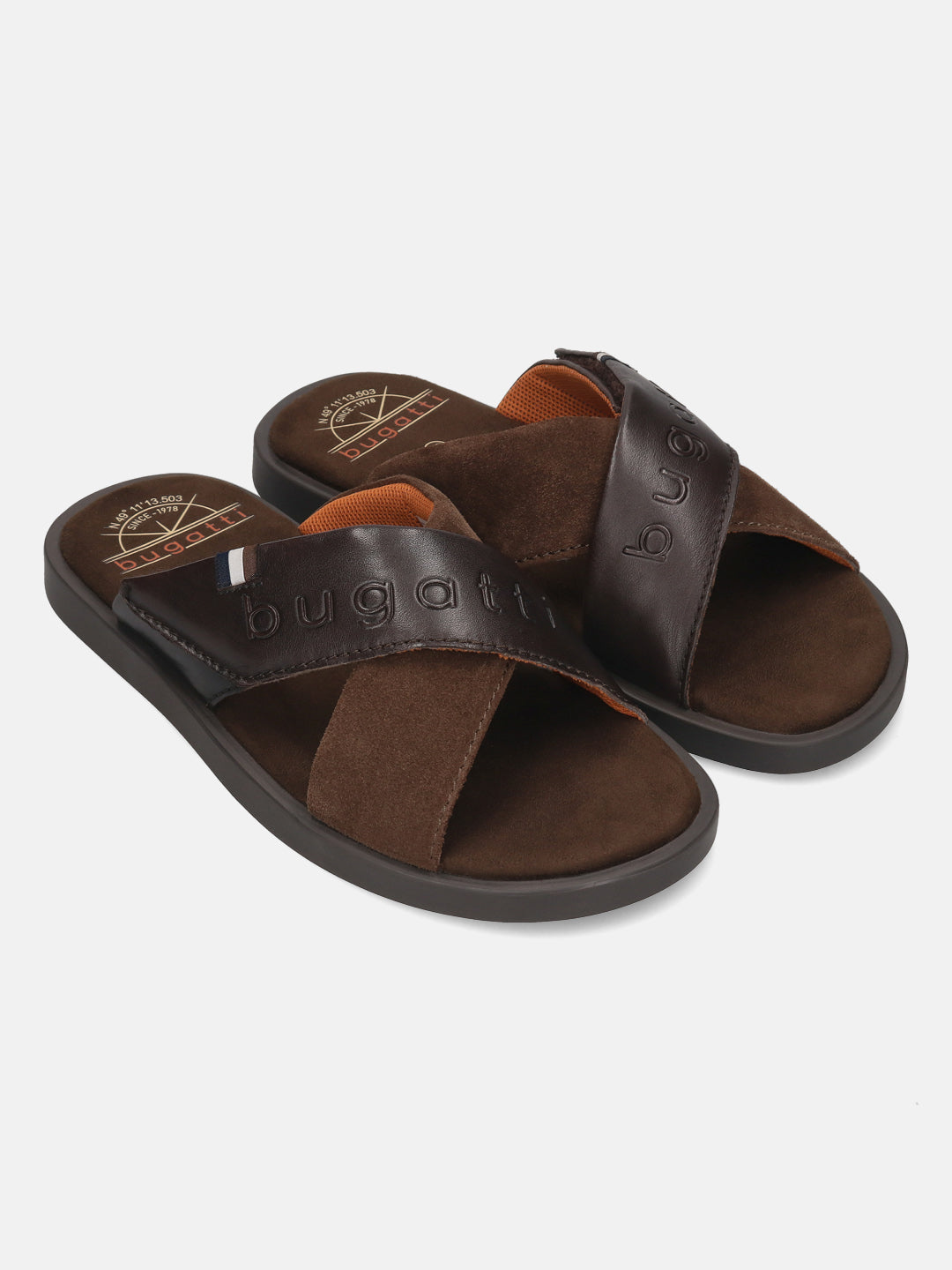 Men's Bugatti cross strap brown leather shoes with a round toe , a tpr outsole.