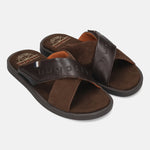 Men's Bugatti cross strap brown leather shoes with a round toe , a tpr outsole.