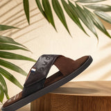 Men's Bugatti cross strap brown leather shoes with a round toe , a tpr outsole.