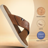 Men's Bugatti cross strap cognac leather shoes with a round toe , a tpr outsole.