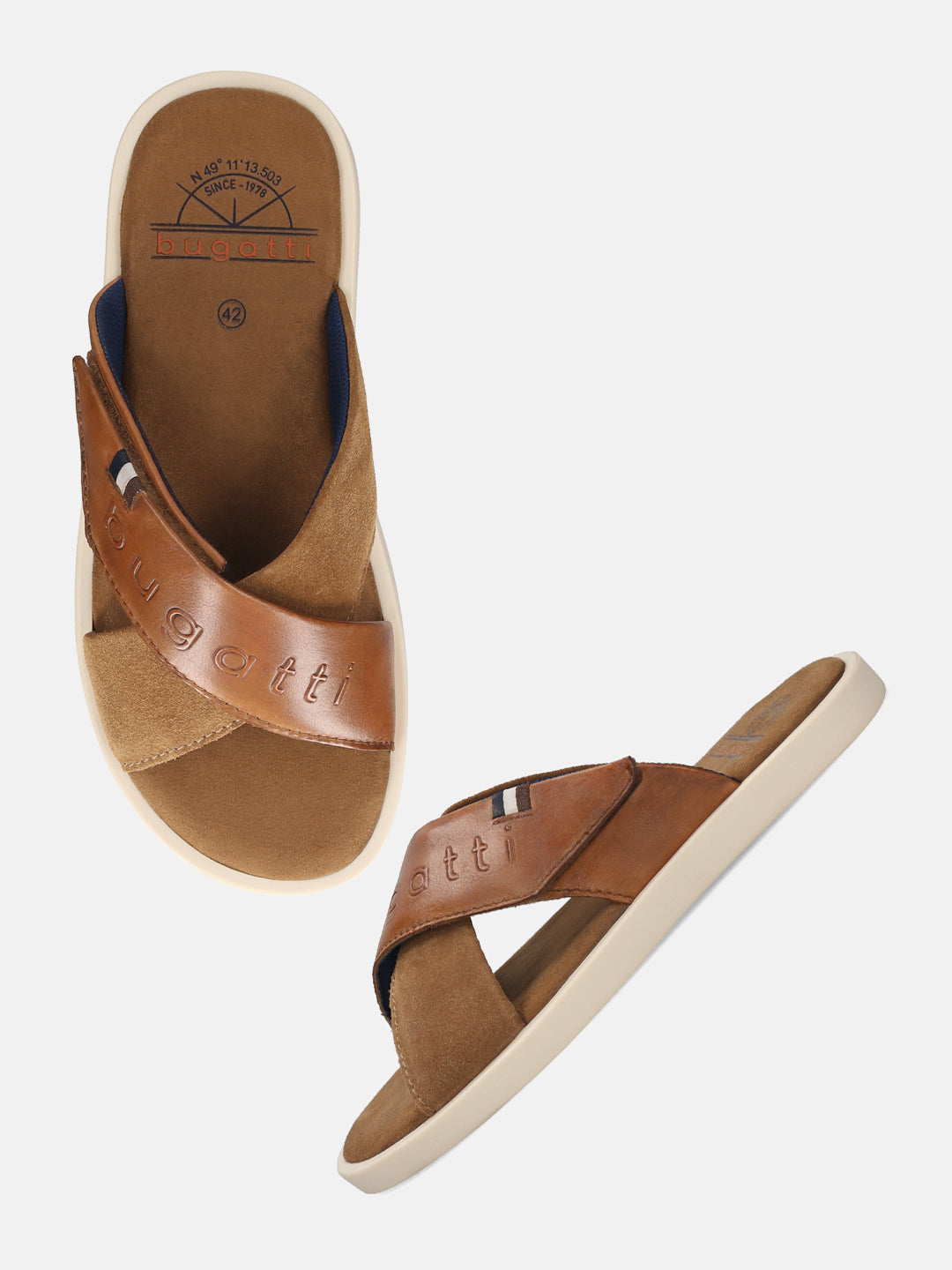 Men's Bugatti cross strap cognac leather shoes with a round toe , a tpr outsole.