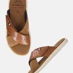 Men's Bugatti cross strap cognac leather shoes with a round toe , a tpr outsole.