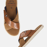 Men's Bugatti cross strap cognac leather shoes with a round toe , a tpr outsole.