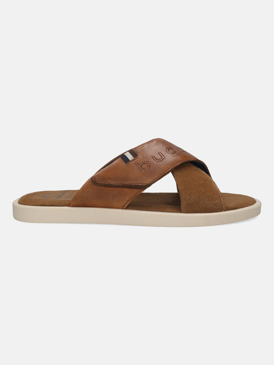 Men's Bugatti cross strap cognac leather shoes with a round toe , a tpr outsole.