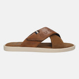 Men's Bugatti cross strap cognac leather shoes with a round toe , a tpr outsole.