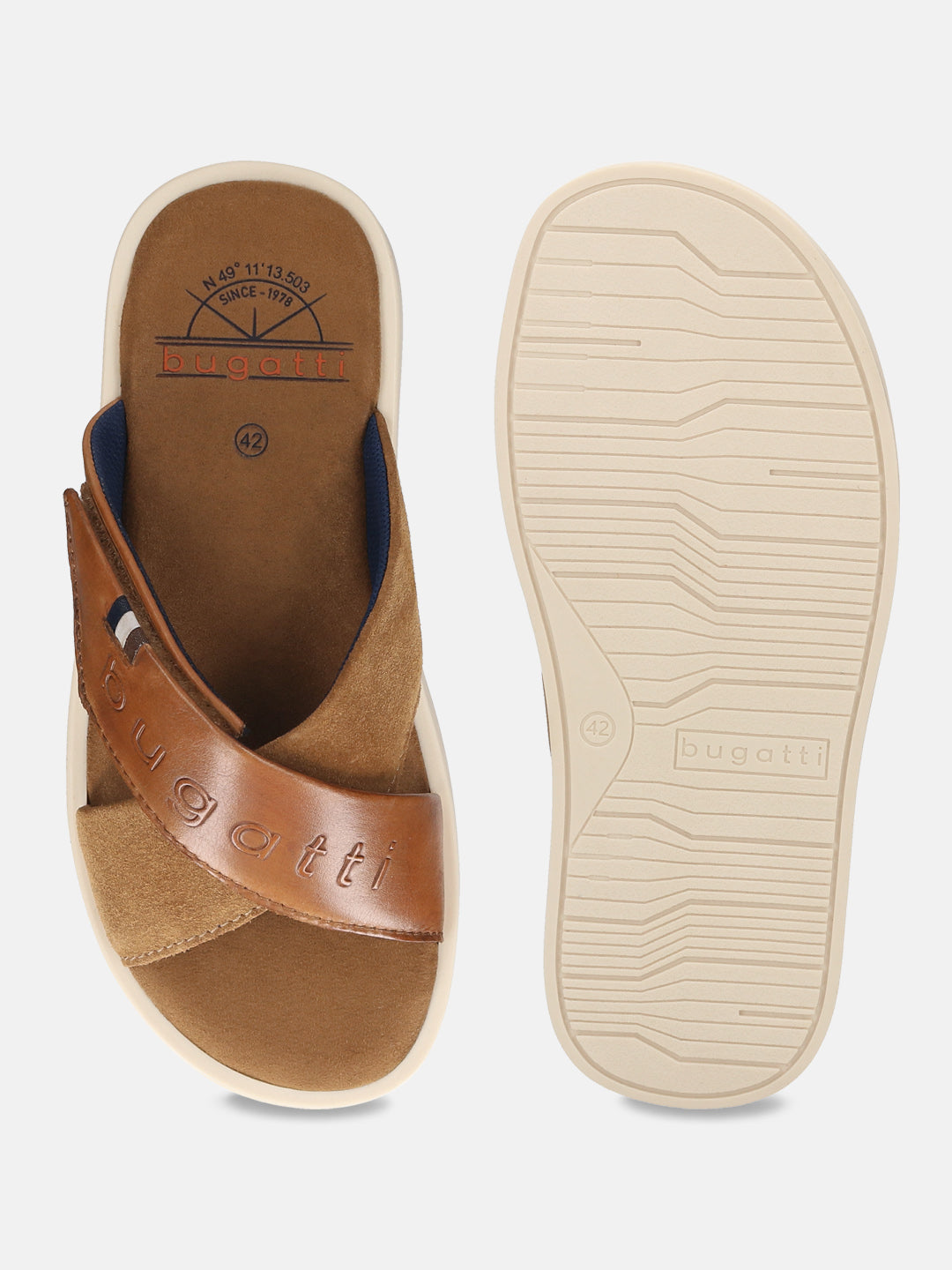 Men's Bugatti cross strap cognac leather shoes with a round toe , a tpr outsole.