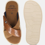 Men's Bugatti cross strap cognac leather shoes with a round toe , a tpr outsole.