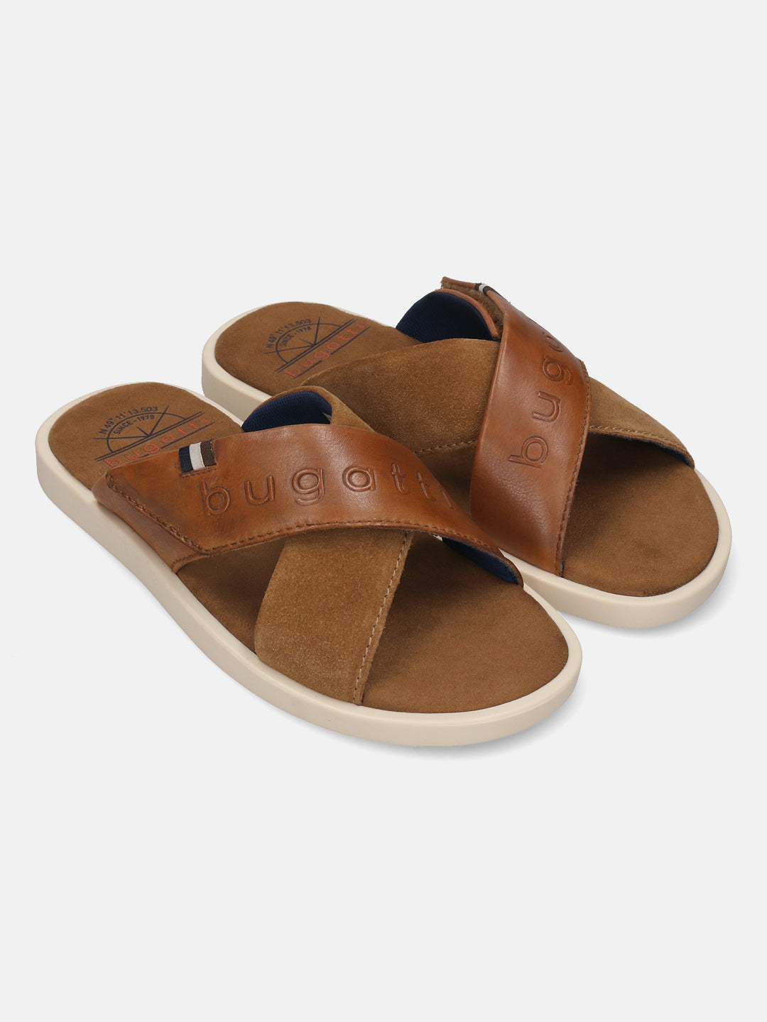 Men's Bugatti cross strap cognac leather shoes with a round toe , a tpr outsole.