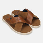 Men's Bugatti cross strap cognac leather shoes with a round toe , a tpr outsole.