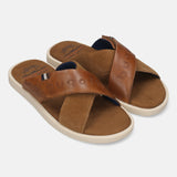 Men's Bugatti cross strap cognac leather shoes with a round toe , a tpr outsole.