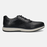 Men's Bugatti lifestyle black leather shoes with a round toe , a eva outsole , and laces fastening.