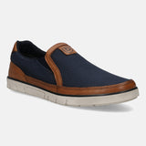 A blue Men's bugatti Loafers featuring a round toe apron toe, zero heels heel. Made from textile with a durable tpr outsole, this slip-on design offers both style and comfort.