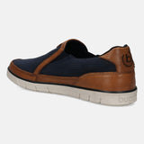 A blue Men's bugatti Loafers featuring a round toe apron toe, zero heels heel. Made from textile with a durable tpr outsole, this slip-on design offers both style and comfort.