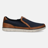 A blue Men's bugatti Loafers featuring a round toe apron toe, zero heels heel. Made from textile with a durable tpr outsole, this slip-on design offers both style and comfort.