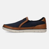 A blue Men's bugatti Loafers featuring a round toe apron toe, zero heels heel. Made from textile with a durable tpr outsole, this slip-on design offers both style and comfort.
