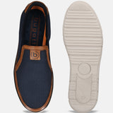 A blue Men's bugatti Loafers featuring a round toe apron toe, zero heels heel. Made from textile with a durable tpr outsole, this slip-on design offers both style and comfort.