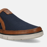 A blue Men's bugatti Loafers featuring a round toe apron toe, zero heels heel. Made from textile with a durable tpr outsole, this slip-on design offers both style and comfort.