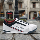 A white Men's bugatti Sneakers featuring a round plain toe, zero heels heel. Made from synthetic with a durable tpr outsole, this zipper design offers both style and comfort.