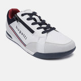 A white Men's bugatti Sneakers featuring a round plain toe, zero heels heel. Made from synthetic with a durable tpr outsole, this zipper design offers both style and comfort.