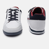 A white Men's bugatti Sneakers featuring a round plain toe, zero heels heel. Made from synthetic with a durable tpr outsole, this zipper design offers both style and comfort.