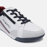 A white Men's bugatti Sneakers featuring a round plain toe, zero heels heel. Made from synthetic with a durable tpr outsole, this zipper design offers both style and comfort.