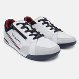 A white Men's bugatti Sneakers featuring a round plain toe, zero heels heel. Made from synthetic with a durable tpr outsole, this zipper design offers both style and comfort.