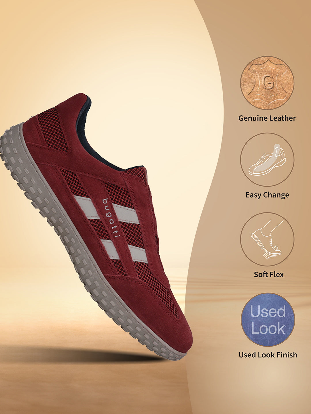 Men's Bugatti lifestyle red leather shoes with a round toe , a rubber outsole.