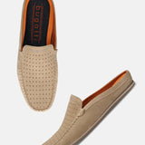 A beige Men's bugatti Mules featuring a square toe apron toe, zero heels heel. Made from premium genuine leather with a durable tpr outsole, this slip-on design offers both style and comfort.