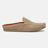 A beige Men's bugatti Mules featuring a square toe apron toe, zero heels heel. Made from premium genuine leather with a durable tpr outsole, this slip-on design offers both style and comfort.