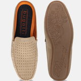 A beige Men's bugatti Mules featuring a square toe apron toe, zero heels heel. Made from premium genuine leather with a durable tpr outsole, this slip-on design offers both style and comfort.