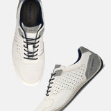 Men's Bugatti stitched white leather shoes with a round toe , a tpr outsole , and laces fastening.