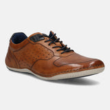 Men's Bugatti stitched cognac leather shoes with a round toe , a tpr outsole , and laces fastening.