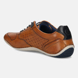 Men's Bugatti stitched cognac leather shoes with a round toe , a tpr outsole , and laces fastening.
