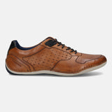 Men's Bugatti stitched cognac leather shoes with a round toe , a tpr outsole , and laces fastening.
