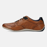 Men's Bugatti stitched cognac leather shoes with a round toe , a tpr outsole , and laces fastening.