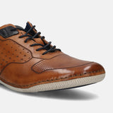 Men's Bugatti stitched cognac leather shoes with a round toe , a tpr outsole , and laces fastening.