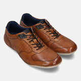 Men's Bugatti stitched cognac leather shoes with a round toe , a tpr outsole , and laces fastening.