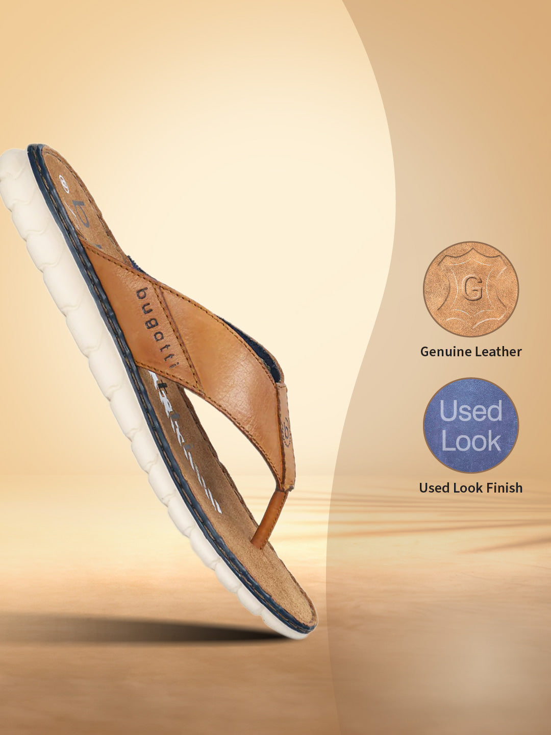 A cognac Men's bugatti Thongs featuring a round open toe, zero heels heel. Made from premium genuine leather with a durable synthetic outsole, this slip-on design offers both style and comfort.