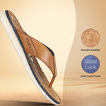 A cognac Men's bugatti Thongs featuring a round open toe, zero heels heel. Made from premium genuine leather with a durable synthetic outsole, this slip-on design offers both style and comfort.